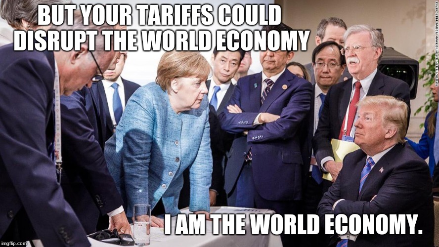 BUT YOUR TARIFFS COULD DISRUPT THE WORLD ECONOMY; I AM THE WORLD ECONOMY. | image tagged in trump | made w/ Imgflip meme maker