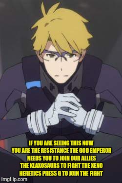 Darling in the Franxx | IF YOU ARE SEEING THIS NOW YOU ARE THE RESISTANCE THE GOD EMPEROR NEEDS YOU TO JOIN OUR ALLIES THE KLAXOSAURS TO FIGHT THE XENO HERETICS PRESS G TO JOIN THE FIGHT | image tagged in darling in the franxx | made w/ Imgflip meme maker