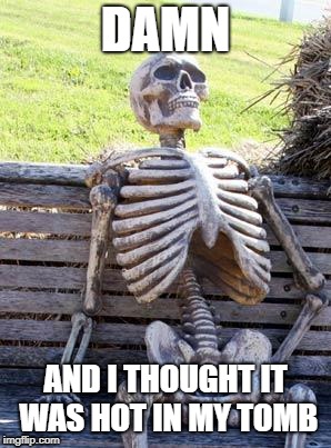 Waiting Skeleton Meme | DAMN; AND I THOUGHT IT WAS HOT IN MY TOMB | image tagged in memes,waiting skeleton | made w/ Imgflip meme maker