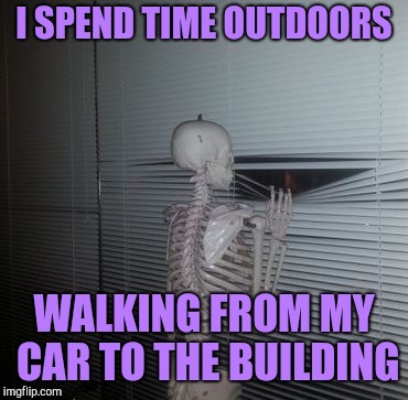 Social anxiety skeleton | I SPEND TIME OUTDOORS; WALKING FROM MY CAR TO THE BUILDING | image tagged in skeleton waiting,skeleton looking out window | made w/ Imgflip meme maker