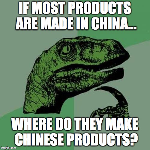 Philosoraptor Meme | IF MOST PRODUCTS ARE MADE IN CHINA... WHERE DO THEY MAKE CHINESE PRODUCTS? | image tagged in memes,philosoraptor | made w/ Imgflip meme maker