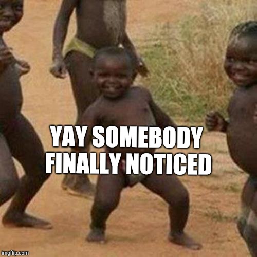 Third World Success Kid Meme | YAY SOMEBODY FINALLY NOTICED | image tagged in memes,third world success kid | made w/ Imgflip meme maker