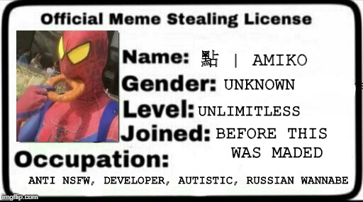 Meme Stealing License | 點 | AMIKO; UNKNOWN; UNLIMITLESS; BEFORE THIS WAS MADED; ANTI NSFW, DEVELOPER, AUTISTIC, RUSSIAN WANNABE | image tagged in meme stealing license | made w/ Imgflip meme maker