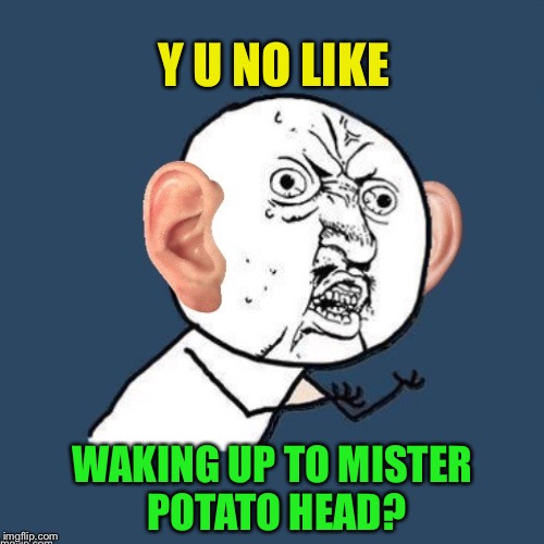 Y U NO LIKE WAKING UP TO MISTER POTATO HEAD? | made w/ Imgflip meme maker