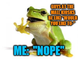Nope Frog (Frog Week June 4-10, a JBmemegeek & giveuahint event!) | GUYS AT THE MALL KIOSKS BE LIKE "WOULD YOU LIKE TO-"; ME:  "NOPE" | image tagged in nope frog,memes,mall,frog week,jbmemegeek,giveuahint | made w/ Imgflip meme maker