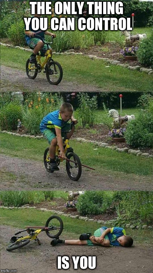 Bike accident kid, stick in wheel | THE ONLY THING YOU CAN CONTROL; IS YOU | image tagged in bike accident kid stick in wheel | made w/ Imgflip meme maker