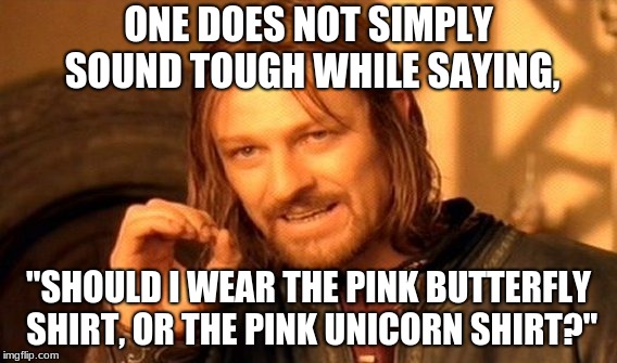 One Does Not Simply Meme | ONE DOES NOT SIMPLY SOUND TOUGH WHILE SAYING, "SHOULD I WEAR THE PINK BUTTERFLY SHIRT, OR THE PINK UNICORN SHIRT?" | image tagged in memes,one does not simply | made w/ Imgflip meme maker