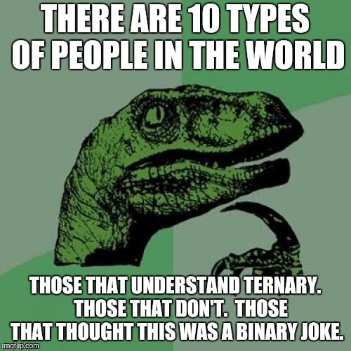 Philosoraptor Meme | THERE ARE 10 TYPES OF PEOPLE IN THE WORLD THOSE THAT UNDERSTAND TERNARY.   THOSE THAT DON'T.  THOSE THAT THOUGHT THIS WAS A BINARY JOKE. | image tagged in memes,philosoraptor | made w/ Imgflip meme maker