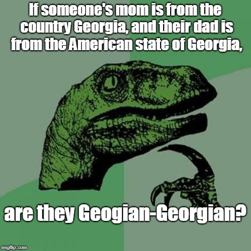 Philosoraptor Meme | If someone's mom is from the country Georgia, and their dad is from the American state of Georgia, are they Geogian-Georgian? | made w/ Imgflip meme maker