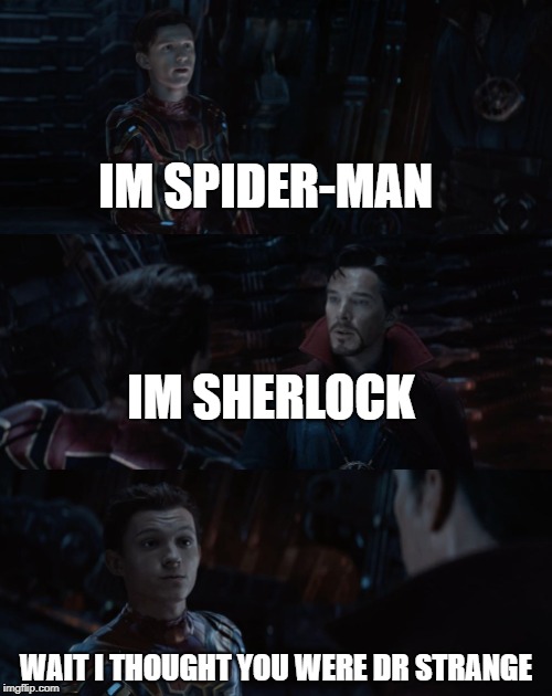 Spider-Man Dr. Strange Infinity War | IM SPIDER-MAN; IM SHERLOCK; WAIT I THOUGHT YOU WERE DR STRANGE | image tagged in spider-man dr strange infinity war | made w/ Imgflip meme maker