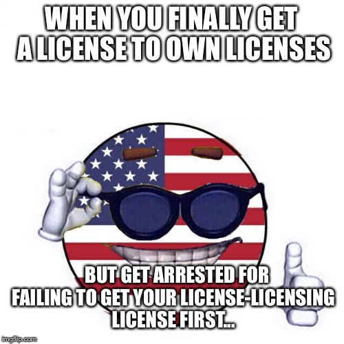 America  | WHEN YOU FINALLY GET A LICENSE TO OWN LICENSES; BUT GET ARRESTED FOR FAILING TO GET YOUR LICENSE-LICENSING LICENSE FIRST... | image tagged in freedom in murica | made w/ Imgflip meme maker