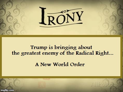 Trump IS the Dreaded
New World (Dis) Order | image tagged in donald trump,new world order,irony,ironic | made w/ Imgflip meme maker
