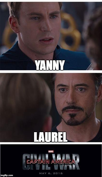 Marvel Civil War 1 Meme | YANNY; LAUREL | image tagged in memes,marvel civil war 1 | made w/ Imgflip meme maker