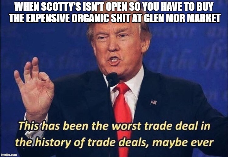 Donald Trump Worst Trade Deal | WHEN SCOTTY'S ISN'T OPEN SO YOU HAVE TO BUY THE EXPENSIVE ORGANIC SHIT AT GLEN MOR MARKET | image tagged in donald trump worst trade deal | made w/ Imgflip meme maker