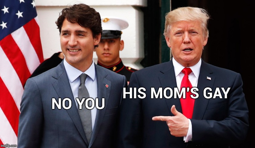 This argument is just getting started | HIS MOM'S GAY; NO YOU | image tagged in blame,canada,donald trump,justin trudeau,aint nobody got time for that | made w/ Imgflip meme maker