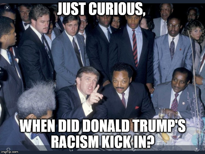 Donald Trump is not and has never been a racist person. Don't let the globalists fool you. | JUST CURIOUS, WHEN DID DONALD TRUMP'S RACISM KICK IN? | image tagged in donald trump,clifton shepherd cliffshep,you can't handle the truth,truth hurts | made w/ Imgflip meme maker