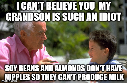 almond milk | I CAN'T BELIEVE YOU  MY GRANDSON IS SUCH AN IDIOT; SOY BEANS AND ALMONDS DON'T HAVE NIPPLES SO THEY CAN'T PRODUCE MILK | image tagged in grandpa,stupid people,milk | made w/ Imgflip meme maker