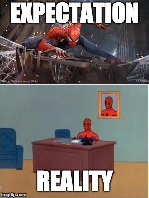 EXPECTATION; REALITY | image tagged in spiderman | made w/ Imgflip meme maker