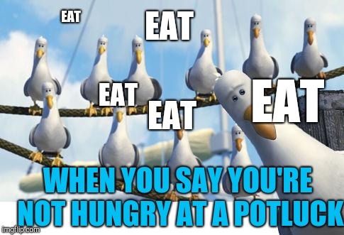 When you say you're not hungry at a potluck | EAT; EAT; EAT; EAT; EAT; WHEN YOU SAY YOU'RE NOT HUNGRY AT A POTLUCK | image tagged in gulls,diet,dieting | made w/ Imgflip meme maker