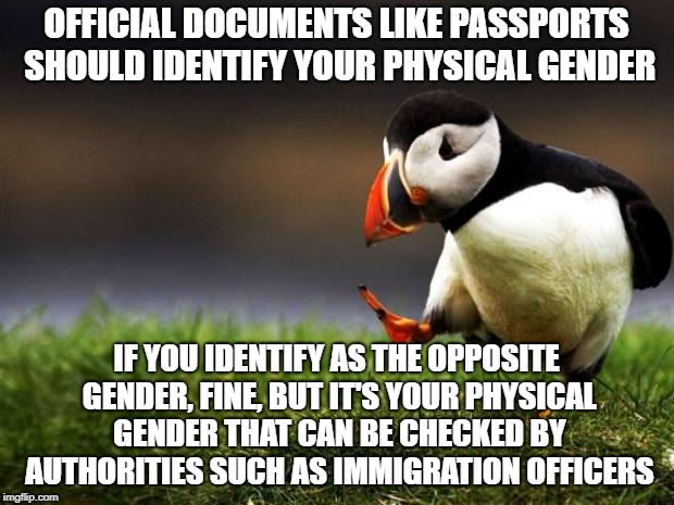 If you claim to be a woman but you have a dick, officials will be mighty suspicious, and for good reason | OFFICIAL DOCUMENTS LIKE PASSPORTS SHOULD IDENTIFY YOUR PHYSICAL GENDER; IF YOU IDENTIFY AS THE OPPOSITE GENDER, FINE, BUT IT'S YOUR PHYSICAL GENDER THAT CAN BE CHECKED BY AUTHORITIES SUCH AS IMMIGRATION OFFICERS | image tagged in memes,unpopular opinion puffin | made w/ Imgflip meme maker