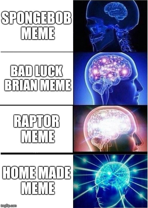Expanding Brain Meme | SPONGEBOB MEME; BAD LUCK BRIAN MEME; RAPTOR MEME; HOME MADE MEME | image tagged in memes,expanding brain | made w/ Imgflip meme maker