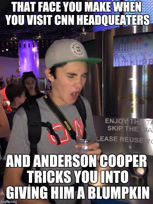 David Hogg | THAT FACE YOU MAKE WHEN YOU VISIT CNN HEADQUEATERS; AND ANDERSON COOPER TRICKS YOU INTO GIVING HIM A BLUMPKIN | image tagged in david hogg | made w/ Imgflip meme maker