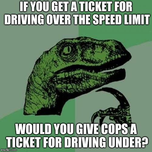 Philosoraptor | IF YOU GET A TICKET FOR DRIVING OVER THE SPEED LIMIT; WOULD YOU GIVE COPS A TICKET FOR DRIVING UNDER? | image tagged in memes,philosoraptor | made w/ Imgflip meme maker