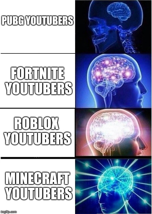 Expanding Brain | PUBG YOUTUBERS; FORTNITE YOUTUBERS; ROBLOX YOUTUBERS; MINECRAFT YOUTUBERS | image tagged in memes,expanding brain | made w/ Imgflip meme maker