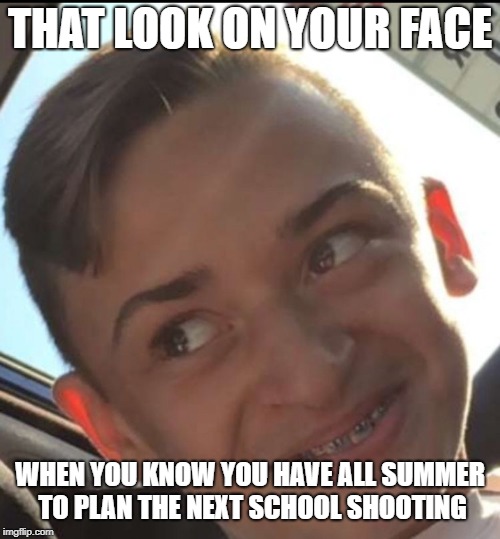 Sad but true | THAT LOOK ON YOUR FACE; WHEN YOU KNOW YOU HAVE ALL SUMMER TO PLAN THE NEXT SCHOOL SHOOTING | image tagged in creepy teen | made w/ Imgflip meme maker