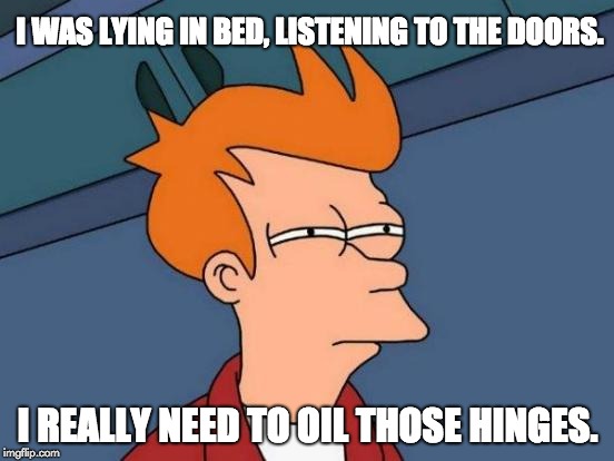 Futurama Fry Meme | I WAS LYING IN BED, LISTENING TO THE DOORS. I REALLY NEED TO OIL THOSE HINGES. | image tagged in memes,futurama fry | made w/ Imgflip meme maker