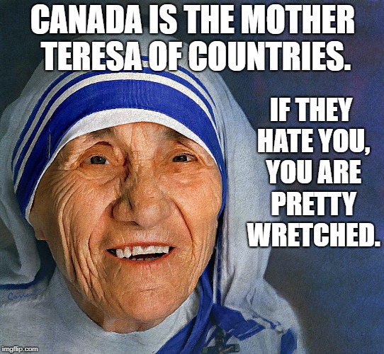 Mother Teresa smiling | IF THEY HATE YOU, YOU ARE PRETTY WRETCHED. CANADA IS THE MOTHER TERESA OF COUNTRIES. | image tagged in mother teresa smiling | made w/ Imgflip meme maker