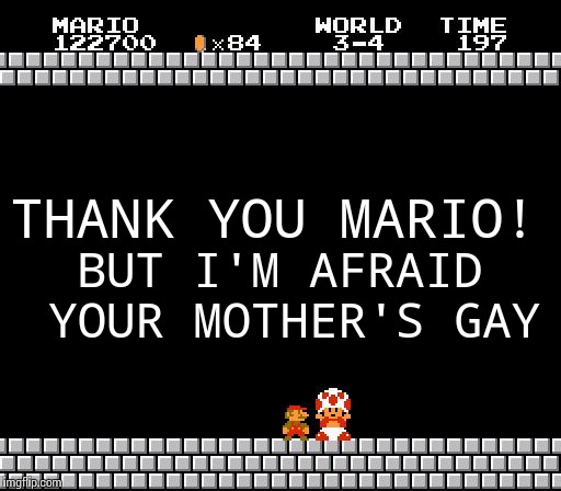 You're not welcome... and no u | THANK YOU MARIO! BUT I'M AFRAID YOUR MOTHER'S GAY | image tagged in thank you mario,your mom,ur mom gay,gay | made w/ Imgflip meme maker