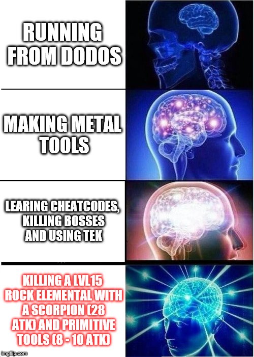 Expanding Brain Meme | RUNNING FROM DODOS; MAKING METAL TOOLS; LEARING CHEATCODES, KILLING BOSSES AND USING TEK; KILLING A LVL15 ROCK ELEMENTAL WITH A SCORPION (28 ATK) AND PRIMITIVE TOOLS (8 - 10 ATK) | image tagged in memes,expanding brain | made w/ Imgflip meme maker