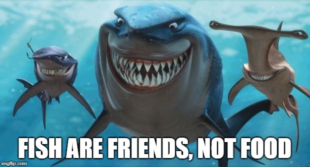 Finding Nemo Sharks | FISH ARE FRIENDS, NOT FOOD | image tagged in finding nemo sharks | made w/ Imgflip meme maker