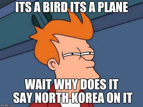 Futurama Fry Meme | ITS A BIRD ITS A PLANE; WAIT WHY DOES IT SAY NORTH KOREA ON IT | image tagged in memes,futurama fry | made w/ Imgflip meme maker