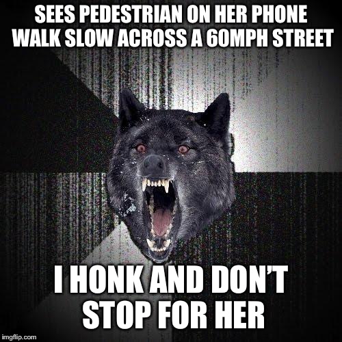 Insanity Wolf Meme | SEES PEDESTRIAN ON HER PHONE WALK SLOW ACROSS A 60MPH STREET; I HONK AND DON’T STOP FOR HER | image tagged in memes,insanity wolf,AdviceAnimals | made w/ Imgflip meme maker