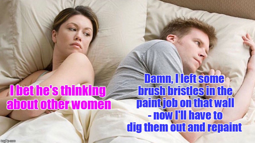 yes, ladies, that IS what he's actually thinking | Damn, I left some brush bristles in the paint job on that wall - now I'll have to dig them out and repaint; I bet he's thinking about other women | image tagged in i bet he's thinking about other women,memes,painting,perfection | made w/ Imgflip meme maker