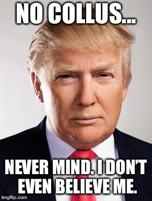 Donald Trump | NO COLLUS... NEVER MIND. I DON’T EVEN BELIEVE ME. | image tagged in donald trump | made w/ Imgflip meme maker