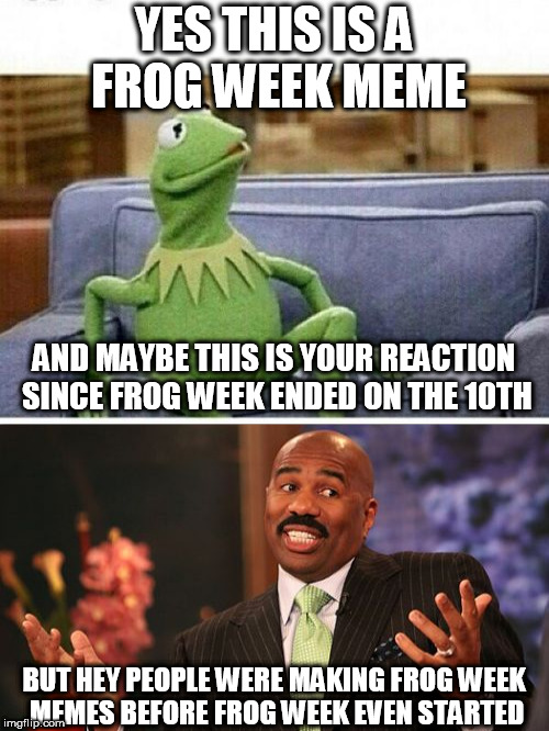 Because why not? | YES THIS IS A FROG WEEK MEME; AND MAYBE THIS IS YOUR REACTION SINCE FROG WEEK ENDED ON THE 10TH; BUT HEY PEOPLE WERE MAKING FROG WEEK MEMES BEFORE FROG WEEK EVEN STARTED | image tagged in frog week,kermit the frog,steve harvey | made w/ Imgflip meme maker