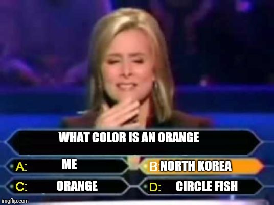 Dumb Quiz Game Show Contestant  | WHAT COLOR IS AN ORANGE; ME; NORTH KOREA; ORANGE; CIRCLE FISH | image tagged in dumb quiz game show contestant | made w/ Imgflip meme maker
