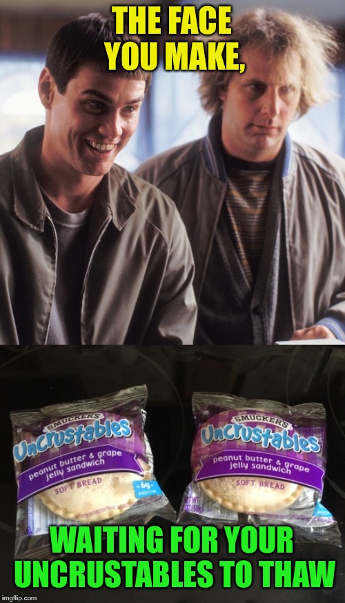 Fine dining  | THE FACE YOU MAKE, WAITING FOR YOUR UNCRUSTABLES TO THAW | image tagged in memes,dumb and dumber,uncrustables | made w/ Imgflip meme maker