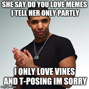 drake | SHE SAY DO YOU LOVE MEMES I TELL HER ONLY PARTLY; I ONLY LOVE VINES AND T-POSING IM SORRY | image tagged in drake | made w/ Imgflip meme maker