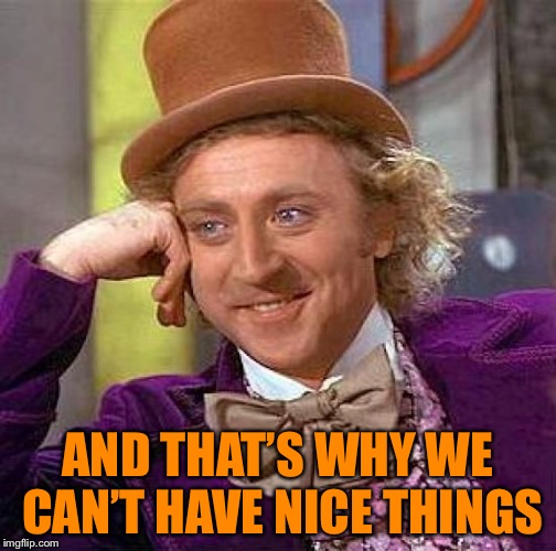 Creepy Condescending Wonka Meme | AND THAT’S WHY WE CAN’T HAVE NICE THINGS | image tagged in memes,creepy condescending wonka | made w/ Imgflip meme maker