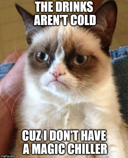 Grumpy Cat Meme | THE DRINKS AREN'T COLD; CUZ I DON'T HAVE A MAGIC CHILLER | image tagged in memes,grumpy cat | made w/ Imgflip meme maker