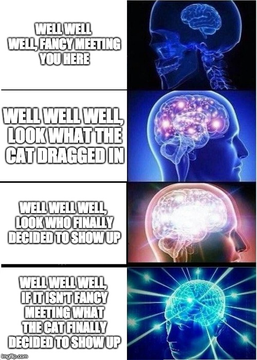 Expanding Brain Meme | WELL WELL WELL, FANCY MEETING YOU HERE; WELL WELL WELL, LOOK WHAT THE CAT DRAGGED IN; WELL WELL WELL, LOOK WHO FINALLY DECIDED TO SHOW UP; WELL WELL WELL, IF IT ISN'T FANCY MEETING WHAT THE CAT FINALLY DECIDED TO SHOW UP | image tagged in memes,expanding brain | made w/ Imgflip meme maker