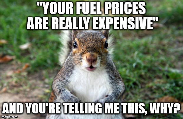 Excuse me? | "YOUR FUEL PRICES ARE REALLY EXPENSIVE"; AND YOU'RE TELLING ME THIS, WHY? | image tagged in excuse me | made w/ Imgflip meme maker
