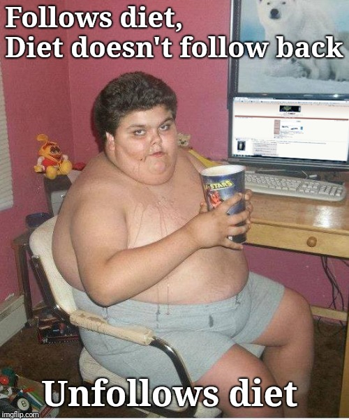 Follow4follow | Follows diet,
      Diet doesn't follow back; Unfollows diet | image tagged in memes,funny,instagram,unfollow,funny memes,fat guy | made w/ Imgflip meme maker