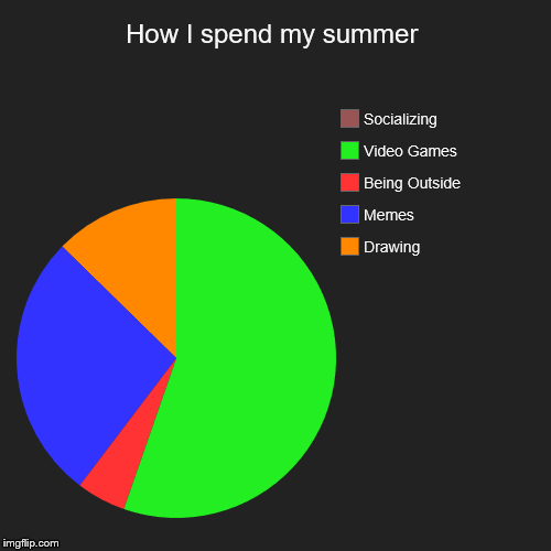 How I spend my summer | Drawing, Memes, Being Outside, Video Games, Socializing | image tagged in funny,pie charts | made w/ Imgflip chart maker
