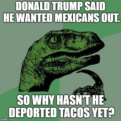 Philosoraptor Meme | DONALD TRUMP SAID HE WANTED MEXICANS OUT. SO WHY HASN'T HE DEPORTED TACOS YET? | image tagged in memes,philosoraptor | made w/ Imgflip meme maker