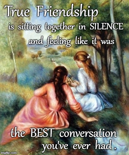 The BEST Conversation Ever | True  Friendship; is  sitting  together  in  SILENCE; and  feeling  like  it  was; the  BEST  conversation; you've  ever  had . | image tagged in true friendship,sitting together in silence,best conversation | made w/ Imgflip meme maker